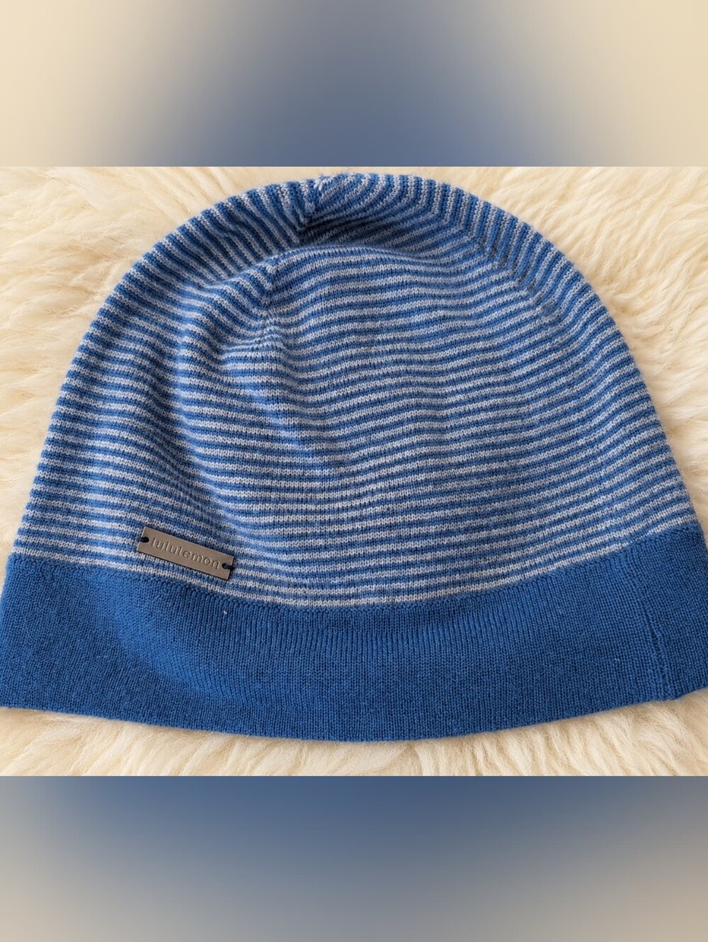 Lululemon Blue Striped Knit Beanie Toque with Metal Logo Plaque